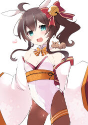 Rule 34 | 1girl, ahoge, animal ears, armpit crease, armpits, bare shoulders, black pantyhose, blue eyes, blush, bow, bowtie, breasts, brown hair, cleavage, collar, detached collar, detached sleeves, hair between eyes, hair bow, highres, hololive, japanese clothes, leotard, long sleeves, looking at viewer, matsurisu, medium breasts, natsuiro matsuri, natsuiro matsuri (new year), open mouth, pantyhose, playboy bunny, rabbit ears, rabbit tail, sash, shirogane (platinum), side ponytail, small breasts, tail, teeth, thigh strap, thighs, tongue, upper teeth only, virtual youtuber, white background, white collar