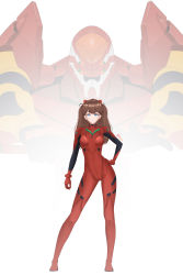 Rule 34 | 1girl, :&gt;, absurdres, artist request, blue eyes, bodysuit, breasts, curvy, eva 02, full body, hand on own hip, highres, interface headset, long hair, looking at viewer, mecha, neon genesis evangelion, plugsuit, red bodysuit, robot, solo focus, souryuu asuka langley, standing, teeth, twintails, two side up, upper body, upper teeth only, very long hair, wide hips