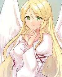 Rule 34 | 1girl, angel wings, blonde hair, closed mouth, dress, feathered wings, fire emblem, fire emblem: path of radiance, fire emblem: radiant dawn, green eyes, hazuki (nyorosuke), leanne (fire emblem), long hair, long sleeves, looking at viewer, nintendo, smile, upper body, white dress, white wings, wide sleeves, wings