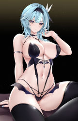 Rule 34 | 1girl, absurdres, black one-piece swimsuit, black slingshot swimsuit, black thighhighs, blue hair, blue nails, bracelet, breasts, cameltoe, cleavage, cleft of venus, eula (genshin impact), genshin impact, highres, jewelry, large breasts, looking at viewer, midorim233, navel, one-piece swimsuit, piercing, revealing clothes, slingshot swimsuit, solo, stomach, swimsuit, thighhighs, yellow eyes
