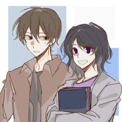 Rule 34 | 1boy, 1girl, black hair, black shirt, brown hair, brown shirt, chinese commentary, collared shirt, commentary request, grey jacket, grin, height difference, highres, jabuchi you, jacket, long sleeves, open clothes, open jacket, open shirt, orange eyes, purple eyes, purple shirt, saibou shinkyoku, shirt, short hair, smile, xinjinjumin4607567, yanagi nina