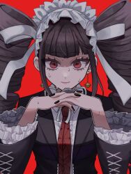 Rule 34 | 1girl, black hair, black jacket, black nails, celestia ludenberg, center frills, collared shirt, danganronpa: trigger happy havoc, danganronpa (series), drill hair, earrings, frills, highres, jacket, jewelry, long hair, long sleeves, michi (michiisidayo), nail polish, necktie, open clothes, open jacket, print necktie, red background, red eyes, red necktie, shirt, smile, solo, sweat, twin drills, twintails, white shirt