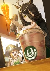 Rule 34 | 2girls, absurdres, ahoge, animal ears, apron, asagaya minami, black hair, brand name imitation, brown hair, closed mouth, collared shirt, condensation, cup, disposable cup, gloves, hair between eyes, hat, highres, holding, holding wand, horse ears, indoors, manhattan cafe (umamusume), multiple girls, open mouth, purple eyes, shirt, smile, solo focus, starbucks, sweep tosho (umamusume), umamusume, v-shaped eyebrows, wand, whipped cream, white gloves, white shirt, witch hat, yellow eyes