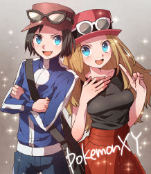 Rule 34 | 10s, 1boy, 1girl, bag, bare shoulders, blonde hair, blue eyes, breasts, brown hair, calem (pokemon), copyright name, creatures (company), crossed arms, english text, fang, game freak, goggles, hat, jacket, long hair, nintendo, open mouth, pokemon, pokemon xy, serena (pokemon), simple background, skirt, smile, standing, yamaki suzume