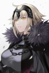 Rule 34 | 1girl, animal ears, black capelet, blonde hair, breasts, capelet, chain, collar, expressionless, fate/grand order, fate (series), fur trim, gradient background, jeanne d&#039;arc (fate), jeanne d&#039;arc alter (avenger) (fate), jeanne d&#039;arc alter (avenger) (first ascension) (fate), jeanne d&#039;arc alter (fate), large breasts, lips, looking at viewer, matsurika youko, medium breasts, pale skin, parted lips, petals, short hair, solo, tsurime, v-shaped eyebrows, white background, yellow eyes