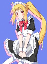 Rule 34 | 1girl, absurdres, ahoge, apron, blush, bocchi the rock!, bow, bowtie, frilled skirt, frills, highres, holding, holding tray, ijichi nijika, joniwi, looking at viewer, maid, maid apron, red bow, red bowtie, red eyes, red ribbon, ribbon, side ponytail, skirt, solo, tray