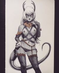 Rule 34 | 1girl, andrewkmar, bare shoulders, blonde hair, breasts, commentary, commission, demon girl, detached sleeves, english commentary, highres, horns, long hair, looking at viewer, navel, navel piercing, nipple piercing, original, piercing, small breasts, solo, tail, thighhighs, traditional media, vertical pupils