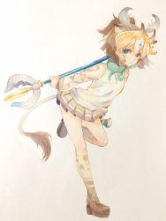 Rule 34 | &gt;:&lt;, 10s, 1girl, :&lt;, animal ears, antlers, arms at sides, beige background, beige vest, blonde hair, blue eyes, blue hair, brown footwear, brown hair, brown socks, closed mouth, extra ears, eyelashes, full body, hair between eyes, high ponytail, highres, holding, holding weapon, horns, kemono friends, kneehighs, leg lift, light brown hair, loafers, long sleeves, looking at viewer, multicolored clothes, multicolored hair, multicolored legwear, platform footwear, pleated skirt, ponytail, raymie0124, scarf, shirt, shoes, short hair, short ponytail, sivatherium (kemono friends), skirt, snake, socks, solo, standing, standing on one leg, tail, tareme, traditional media, two-tone legwear, v-shaped eyebrows, vest, weapon, white hair, yellow socks