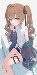 Rule 34 | 1girl, ahoge, bare shoulders, black ribbon, black shorts, blue eyes, blush, brown hair, collared shirt, drill hair, feet out of frame, grin, hair between eyes, hair intakes, hair ribbon, hand up, highres, jacket, kumonoue yumemi, long hair, long sleeves, looking at viewer, navel, off shoulder, on bed, open clothes, open jacket, puffy long sleeves, puffy sleeves, purple jacket, ribbon, shirt, short shorts, shorts, simple background, sitting, sleeveless, sleeveless shirt, sleeves past wrists, smile, solo, thigh strap, tofu1601, twin drills, twintails, very long hair, virtual youtuber, white background, white shirt, yumemi channel