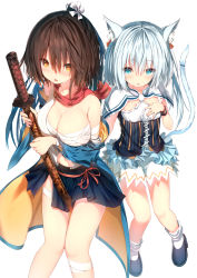 Rule 34 | 2girls, :o, animal ear fluff, animal ears, bandaged leg, bandages, bare shoulders, black footwear, black skirt, blue eyes, blue hair, breasts, brown eyes, brown hair, cat ears, cat girl, cat tail, cleavage, commentary request, hair between eyes, hand on own chest, hand up, highres, holding, holding sheath, katana, long hair, medium breasts, multiple girls, navel, off shoulder, open clothes, open shirt, original, parted lips, sarashi, sheath, sheathed, shirt, shoes, simple background, skirt, small breasts, socks, sune (mugendai), sword, tail, tail raised, very long hair, weapon, white background, white legwear, white shirt, white skirt