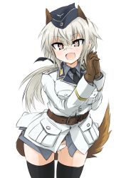 Rule 34 | 1girl, animal ears, bad id, bad pixiv id, belt, black thighhighs, blonde hair, dakku (ogitsune), fang, gloves, hanna rudel, hat, heart, heart-shaped pupils, military, military uniform, open mouth, own hands clasped, own hands together, panties, solo, strike witches, strike witches: suomus misfits squadron, symbol-shaped pupils, tail, thighhighs, underwear, uniform, white panties, world witches series