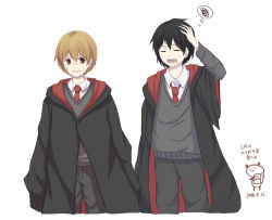 Rule 34 | 1other, 2016, 2boys, animal, annoyed, bear, black hair, black robe, brown eyes, brown hair, closed eyes, collar, dated, facial scar, hair between eyes, hand on own head, harry potter (series), hogwarts school uniform, japanese text, looking at another, male focus, multiple boys, necktie, open mouth, panda, parted lips, red necktie, remus lupin, robe, scar, scar on cheek, scar on face, scar on nose, school uniform, short hair, simple background, sirius black, speech bubble, standing, sweat, teeth, tongue, uniform, white background, wing collar, wizarding world