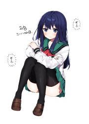 Rule 34 | 10s, 1girl, absurdres, ass, bad id, bad pixiv id, black thighhighs, blue eyes, blue hair, blush, bow, brown footwear, crossed arms, dated, full body, green sailor collar, green skirt, highres, invisible chair, loafers, long hair, long sleeves, miniskirt, ongyageum, pleated skirt, red bow, saiki kusuo no psi nan, sailor collar, school uniform, shoes, sitting, skirt, smile, teruhashi kokomi, thighhighs, white background