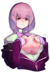 Rule 34 | 10s, 1girl, areola slip, artist name, bad id, bad pixiv id, bow, breasts, cleavage, gridman universe, highres, large breasts, looking at viewer, purple bow, purple hair, raised eyebrows, red eyes, roropull, school uniform, shinjou akane, signature, simple background, smile, solo, ssss.gridman, unzipped, white background