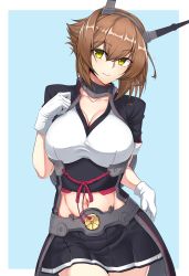 Rule 34 | 1girl, black capelet, black jacket, blush, breasts, brown hair, capelet, cleavage, closed mouth, collar, commentary request, cowboy shot, flipped hair, gloves, green eyes, grey background, hair between eyes, hairband, headgear, heart, highres, jacket, kantai collection, large breasts, looking at viewer, metal belt, metal collar, midriff, mutsu (kancolle), mutsu kai ni (kancolle), navel, open clothes, open jacket, pleated skirt, radio antenna, short hair, simple background, skirt, smile, solo, spoken heart, standing, thighs, utsumi karmin, white gloves