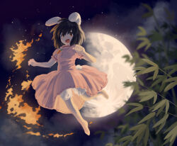 Rule 34 | 1girl, :d, animal ears, barefoot, bloomers, breasts, brown eyes, brown hair, carrot necklace, commentary request, dress, floppy ears, frilled sleeves, frills, full body, full moon, hair between eyes, inaba tewi, jewelry, long bangs, looking at viewer, medium hair, moon, necklace, night, open mouth, pink dress, rabbit ears, rabbit girl, rabbit tail, ribbon-trimmed dress, satellitedragon, small breasts, smile, solo, tail, touhou, underwear, white bloomers