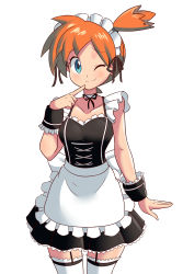 Rule 34 | 1girl, ;), absurdres, alternate costume, apron, aqua eyes, arm at side, back bow, bare arms, bow, choker, closed mouth, collarbone, commission, cowboy shot, creatures (company), dress, enmaided, finger to mouth, frilled apron, frills, furrowed brow, game freak, garter straps, gym leader, hand up, highres, lucyfer, maid, maid apron, maid headdress, misty (pokemon), neck ribbon, nintendo, one eye closed, orange hair, outstretched hand, pokemon, pokemon (anime), pokemon (classic anime), ribbon, short dress, short hair, side ponytail, simple background, sleeveless, sleeveless dress, smile, solo, thighhighs, waist apron, white apron, white background, wrist cuffs, zettai ryouiki