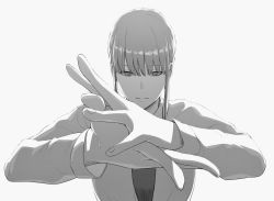 Rule 34 | 1girl, black necktie, breasts, business suit, chainsaw man, chi-, expressionless, fingernails, formal, greyscale, hand gesture, highres, long hair, long sleeves, looking down, makima (chainsaw man), medium breasts, monochrome, necktie, own hands together, ringed eyes, shirt, solo, suit, white background, white shirt