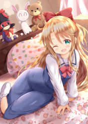 Rule 34 | 1girl, ;d, bed, black hat, blonde hair, blue dress, bobby socks, bow, commentary request, dress, eyebrows hidden by hair, floral print, green eyes, hair between eyes, hair bow, hat, highres, himesaka noa, indoors, long hair, long sleeves, looking at viewer, no shoes, on bed, one eye closed, open mouth, pillow, red bow, sailor collar, sailor dress, school uniform, shirt, sleeveless, sleeveless dress, sleeves past wrists, smile, socks, solo, stuffed animal, stuffed cat, stuffed toy, teddy bear, thick eyebrows, top hat, very long hair, watashi ni tenshi ga maiorita!, white sailor collar, white shirt, white socks, xenon (for achieve)
