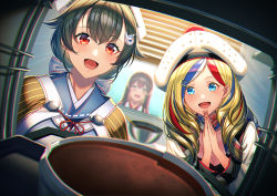 Rule 34 | 3girls, akagi (kancolle), bandana, black hair, blonde hair, blue eyes, blue hair, blurry, bowl, buttons, chocolate, commandant teste (kancolle), commentary request, depth of field, double-breasted, hair flaps, hair ornament, hairclip, headgear, jingei (kancolle), kantai collection, long hair, low ponytail, multicolored hair, multiple girls, oven, pom pom (clothes), red eyes, red hair, scarf, streaked hair, swept bangs, unowen, upper body, wavy hair, white hair, white headwear