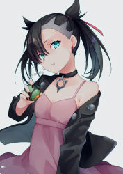Rule 34 | 1girl, aqua eyes, asymmetrical bangs, bare shoulders, black choker, black hair, black jacket, blush, choker, commentary request, creatures (company), dress, dusk ball, earrings, game freak, grey background, hair between eyes, hair ribbon, holding, holding poke ball, jacket, jewelry, kuroi (liar-player), looking at viewer, marnie (pokemon), nintendo, off shoulder, open clothes, open jacket, parted lips, pink dress, poke ball, pokemon, pokemon swsh, red ribbon, ribbon, simple background, sleeveless, sleeveless dress, solo, twintails, twitter username, upper body