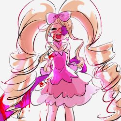Rule 34 | 10s, 1girl, blonde hair, blood, dress, drill hair, eyepatch, harime nui, kill la kill, pink dress, ribbon, simple background, solo, twin drills, twintails, weapon