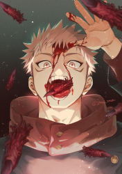 Rule 34 | 1boy, black jacket, blood, blood on face, blood on hands, brown eyes, ccccc (jpn m0), facial mark, finger to mouth, hand up, highres, itadori yuuji, jacket, jujutsu kaisen, male focus, open mouth, pink hair, short hair, solo, teeth, tongue, tongue out, twitter username, undercut, upper body