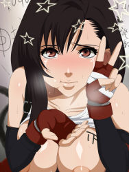 Rule 34 | 1990s (style), 1girl, :t, black hair, blush, body writing, breasts, brown eyes, circle ip, clothes lift, confused, cum, cupping hand, final fantasy, final fantasy vii, fingerless gloves, gloves, highres, huge breasts, ip, large breasts, long hair, looking at viewer, nipples, puffy cheeks, puffy nipples, rape, red eyes, retro artstyle, shirt lift, solo, star (symbol), sweat, tally, tank top, tears, tifa lockhart, upper body, v