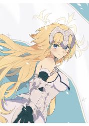 Rule 34 | 1girl, armor, armored dress, bare shoulders, black gloves, blonde hair, blue eyes, grabbing another&#039;s breast, chain, fate/apocrypha, fate/grand order, fate (series), flag, gloves, grabbing, grabbing own breast, headpiece, highres, jeanne d&#039;arc (third ascension) (fate), kabutomushi s, long sleeves, looking back, sleeveless, smile, solo