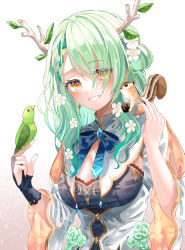 Rule 34 | 1girl, absurdres, animal, animal on shoulder, antlers, bird, bird on hand, blue bow, blue nails, blush, bow, braid, braided bangs, branch, breasts, bridal gauntlets, ceres fauna, cleavage, commentary, dress, eyes visible through hair, flower, green hair, grin, hair flower, hair ornament, highres, hololive, hololive english, horns, hya ro, large breasts, long hair, looking at viewer, mole, mole under eye, multicolored hair, nail polish, simple background, single braid, single bridal gauntlet, smile, solo, squirrel, streaked hair, upper body, virtual youtuber, white dress, white flower, yellow eyes