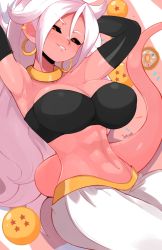 Rule 34 | 1girl, android 21, black gloves, black sclera, blush, breasts, clothes, colored sclera, colored skin, crystal ball, dragon ball, dragon ball fighterz, ear piercing, elbow gloves, gloves, highres, huge breasts, jellcaps, long hair, looking at viewer, lying, majin android 21, piercing, pink skin, pointy ears, smile, solo, white hair