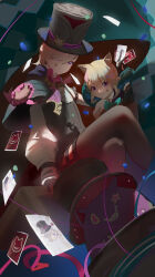Rule 34 | 1boy, 1girl, :/, :|, absurdres, animal ear fluff, animal ears, aqua bow, arm support, back bow, black cape, black gloves, black hat, black leotard, blonde hair, bow, bowtie, box, brown thighhighs, cape, card, cat ears, cat girl, closed mouth, collared shirt, confetti, crossed legs, floating, frilled leotard, frills, genshin impact, gloves, hair over one eye, hat, highres, holding, holding card, hood, hood down, hooded cape, leotard, long sleeves, looking at viewer, lynette (genshin impact), lyney (genshin impact), on box, outstretched arm, playing card, puffy long sleeves, puffy sleeves, purple eyes, qixia, red bow, red bowtie, shirt, short hair, sidelocks, single hair intake, sitting, sitting on box, swept bangs, tareme, teardrop facial mark, thighhighs, top hat, two-tone gloves, white gloves, white shirt