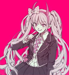 Rule 34 | 1girl, :q, black jacket, blush, bow, bulsogseonghyodo (2hamkun2), commentary request, cowboy shot, danganronpa (series), danganronpa another episode: ultra despair girls, fake horns, hair bow, hairband, highres, horns, index finger raised, jacket, long hair, open clothes, open jacket, pink background, pink eyes, pink hair, pleated skirt, polka dot, polka dot bow, polka dot skirt, shirt, simple background, skirt, smile, solo, tongue, tongue out, twintails, unmoving pattern, utsugi kotoko, very long hair, white shirt