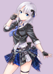 Rule 34 | 1girl, anastasia (idolmaster), asymmetrical clothes, belt, black bow, black gloves, black jacket, blue eyes, blue necktie, bow, cowboy shot, eva 16-gouki, fingerless gloves, gloves, grey background, hair bow, idolmaster, idolmaster cinderella girls, jacket, jewelry, looking at viewer, miniskirt, necklace, necktie, next frontier, outstretched arm, pleated skirt, shiny skin, short hair, silver hair, simple background, skirt, smile, solo, standing, thigh strap