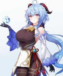 Rule 34 | 1girl, absurdres, ahoge, bare shoulders, bell, black gloves, black pantyhose, blue hair, blunt bangs, blush, bodysuit, breasts, cowbell, cowboy shot, detached sleeves, dot nose, ganyu (genshin impact), genshin impact, gloves, goat horns, hair between eyes, highres, holding, horns, kano (wi3028), large breasts, long hair, long sleeves, looking at viewer, open mouth, orb, pantyhose, purple eyes, sidelocks, simple background, solo, swirl