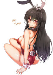 Rule 34 | 1girl, animal ears, back, bare back, black hair, blush, breasts, character name, crown, detached collar, fake animal ears, hair between eyes, hand to own mouth, hand up, highres, iris yuma, large breasts, leotard, lhu (barappra1), long hair, looking at viewer, looking back, on floor, parted lips, partly, playboy bunny, rabbit ears, rabbit tail, red eyes, sideboob, simple background, sitting, smile, solo, soulworker, tail, white background, wrist cuffs