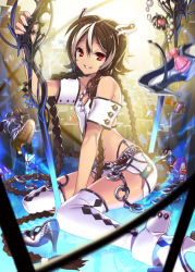 Rule 34 | 1girl, arm garter, braid, breasts, brown hair, cleavage, cleavage cutout, clothing cutout, empew, hair between eyes, holding, holding weapon, kneeling, lips, long hair, looking at viewer, midriff, miniskirt, multicolored hair, off shoulder, original, parted lips, red eyes, skirt, small breasts, smile, solo, sword, tri braids, two-tone hair, weapon, white background, white legwear