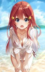 Rule 34 | 1girl, :o, ahoge, bikini, bikini under clothes, blue eyes, blue sky, blurry, blurry background, breasts, caustics, cleavage, cloud, collarbone, commentary request, cowboy shot, day, depth of field, go-toubun no hanayome, hair ornament, halterneck, hands on own thighs, highres, kurokuro illust, large breasts, leaning forward, light rays, long hair, long sleeves, looking at viewer, nakano itsuki, ocean, open mouth, outdoors, red bikini, red hair, see-through, shirt, side-tie bikini bottom, sky, solo, standing, star (symbol), star hair ornament, sunbeam, sunlight, swimsuit, thighs, water, wet, wet clothes, wet shirt, white shirt