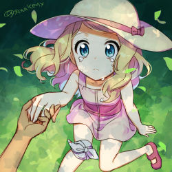 Rule 34 | 1boy, 1girl, bandaged knees, blonde hair, blue eyes, closed mouth, commentary request, creatures (company), crying, dress, eyelashes, frown, game freak, grass, hat, hat ribbon, kanimaru, long hair, nintendo, outdoors, pink dress, pokemon, pokemon (anime), pokemon xy (anime), ribbon, serena (pokemon), shoes, sleeveless, sleeveless dress, split mouth, tears, yellow headwear, aged down