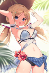 Rule 34 | 1girl, :d, aki rosenthal, aki rosenthal (hololive summer 2019), armpits, arms up, bikini, black bikini, blonde hair, blue eyes, blush, bracelet, breasts, brown hat, detached hair, flower, hat, highres, hololive, jewelry, large breasts, long hair, navel, nyasunyadoora, open mouth, parted bangs, print bikini, red flower, smile, solo, stomach, swimsuit, twintails, virtual youtuber