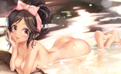 Rule 34 | 1girl, ass, barefoot, bathing, black hair, breasts, commentary request, covering privates, hair bun, idolmaster, idolmaster cinderella girls, large breasts, looking at viewer, mitsuki (omezame alice), momoi azuki, nude, nude cover, onsen, outdoors, partially submerged, single hair bun, solo, steam, towel, towel on head, yellow eyes