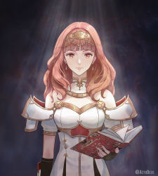 Rule 34 | 1girl, absurdres, armor, aztodeus, aztodio, cape, celica (fire emblem), dress, earrings, fingerless gloves, fire emblem, fire emblem echoes: shadows of valentia, fire emblem heroes, gloves, highres, jewelry, long hair, nintendo, open mouth, red eyes, red hair, simple background, smile, solo, tiara