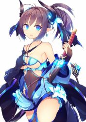 Rule 34 | 1girl, asymmetrical clothes, bare shoulders, between breasts, bikini, bikini top only, blue eyes, breasts, bridal gauntlets, brown hair, cowboy shot, demon girl, earrings, elf, flower, frills, gradient hair, hair flower, hair ornament, holding, horns, ichiyan, jewelry, katana, large breasts, lily (flower), looking at viewer, micro bikini, micro bikini top, midriff, mole, mole under eye, multicolored hair, navel, open clothes, open mouth, original, pointy ears, ponytail, see-through, simple background, solo, swimsuit, sword, tail, tail ornament, thighhighs, underboob, upper body, weapon, white background