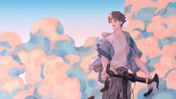 1boy absurdres backpack bag bicycle blue_jacket brown_eyes brown_hair cloud gradient_sky grey_pants haikyuu!! highres jacket jewelry jiyun0805 looking_to_the_side male_focus necklace oikawa_tooru_(haikyuu!!) open_mouth pants riding riding_bicycle shirt short_hair short_sleeves sky smile solo striped_clothes striped_pants teeth upper_teeth_only white_shirt wireless_earphones