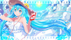Rule 34 | 1girl, aqua eyes, aqua hair, cloud, day, digital media player, dress, earbuds, earphones, film border, hat, hatsune miku, highres, long hair, looking at viewer, sky, smile, solo, straw hat, sun hat, twintails, very long hair, vocaloid, white dress