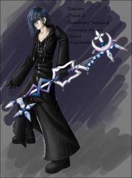 Rule 34 | black coat (kingdom hearts), blue hair, cloak, keyblade, kingdom hearts, male focus, organization xiii, solo, weapon, zexion