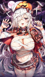 Rule 34 | 1girl, bandages, blush, braid, breasts, cape, cleavage, cowboy shot, full moon, g36c (burning-eyed g36c) (girls&#039; frontline), g36c (girls&#039; frontline), girls&#039; frontline, hair over one eye, halloween, halloween costume, hat, jack-o&#039;-lantern, large breasts, long hair, looking at viewer, moon, mummy costume, narae, official alternate costume, open mouth, red eyes, side braid, silver hair, skirt, smile, solo, torn clothes, very long hair