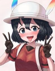 Rule 34 | 1girl, absurdres, backpack, bag, black eyes, black gloves, black hair, blush, double v, gloves, highres, kaban (kemono friends), kemono friends, looking at viewer, neukkom, open mouth, red shirt, shirt, short hair, short sleeves, smile, solo, tongue, tongue out, upper body, v, wavy hair
