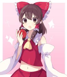Rule 34 | 1girl, apple, ascot, bare shoulders, border, bow, brown eyes, brown hair, collared vest, detached sleeves, eating, food, frilled bow, frilled hair tubes, frills, fruit, gradient background, hair tubes, hakurei reimu, highres, holding, holding food, holding fruit, kudamono25253, long sleeves, medium hair, midriff, navel, open mouth, pink background, red bow, red skirt, red vest, skirt, skirt set, sparkle, sparkle background, touhou, upper body, vest, white border, white sleeves, wide sleeves, yellow ascot