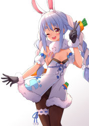 Rule 34 | 1girl, ;d, ame., animal ear fluff, animal ears, bare shoulders, black gloves, black leotard, blue hair, blush, bow, braid, breasts, brown pantyhose, carrot hair ornament, cleavage, commentary request, detached sleeves, don-chan (usada pekora), dress, food-themed hair ornament, fur-trimmed dress, fur-trimmed gloves, fur trim, gloves, gradient background, grey background, hair between eyes, hair bow, hair ornament, hand up, highres, hololive, leotard, long hair, multicolored hair, one eye closed, open mouth, pantyhose, puffy short sleeves, puffy sleeves, rabbit ears, red eyes, short eyebrows, short sleeves, small breasts, smile, strapless, strapless dress, teeth, thick eyebrows, twin braids, twintails, two-tone hair, upper teeth only, usada pekora, usada pekora (1st costume), v, very long hair, virtual youtuber, white background, white bow, white dress, white hair, white sleeves